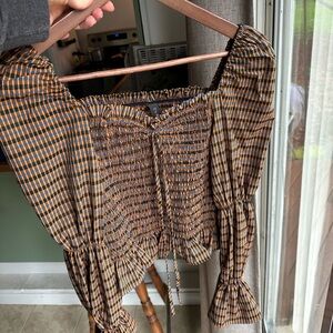 Plaid Smocked Puff-Sleeve Crop Top - Orange